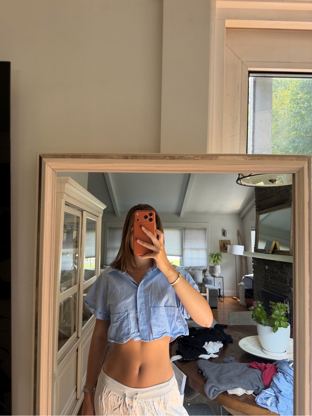 Zara Light Blue Striped Cropped Button-Up Top